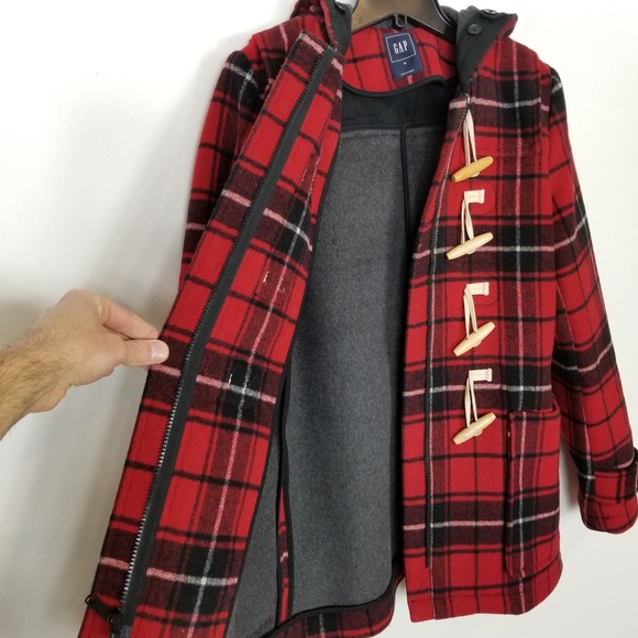 Gap Contrast Wool Blend Toggle Coat Sz M Red Black Plaid Classic Academia Hooded - Picture 9 of 11